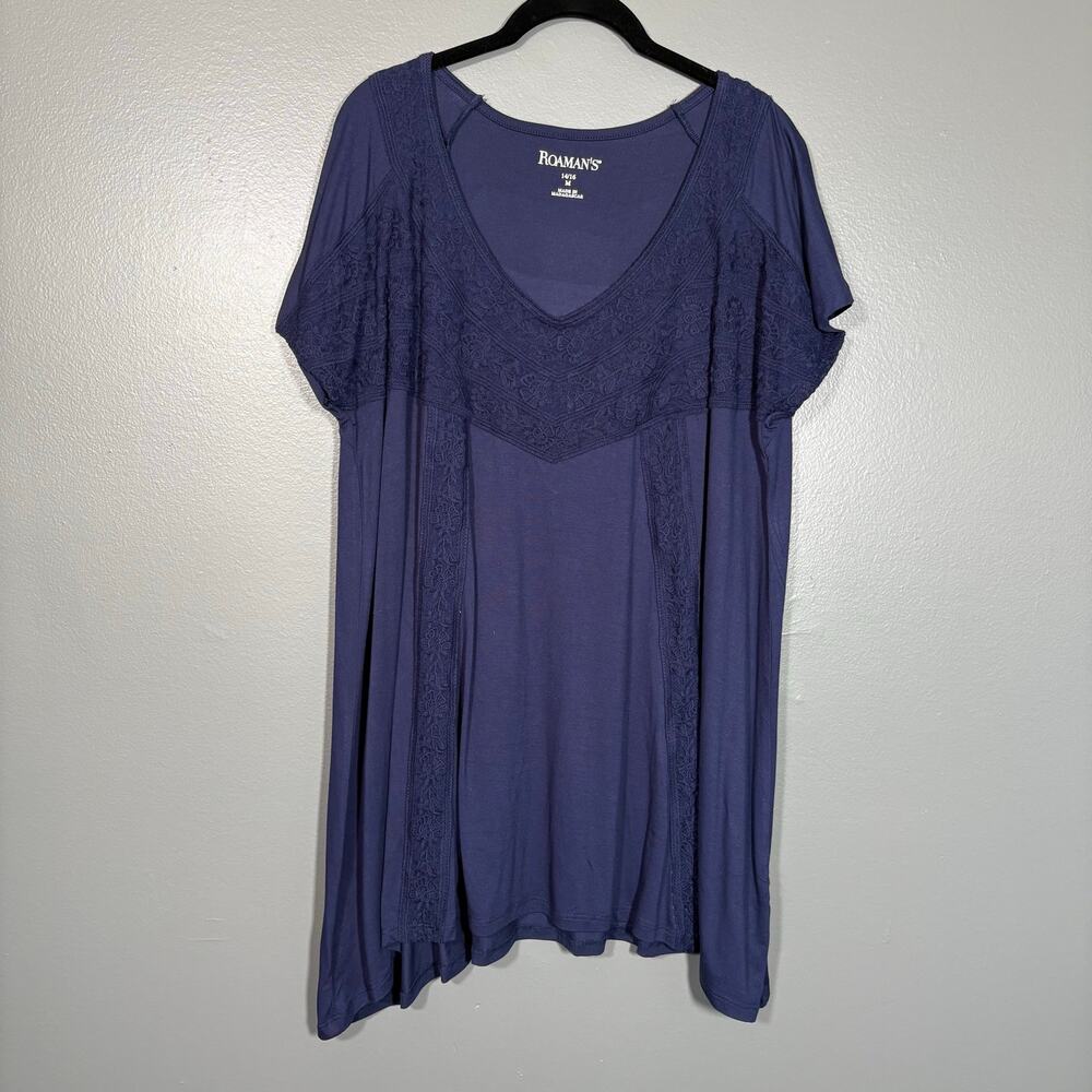 Roaman's Navy Blue Boho Lace Trim Tunic Length Top - 14/16 - Women's Plus Size
